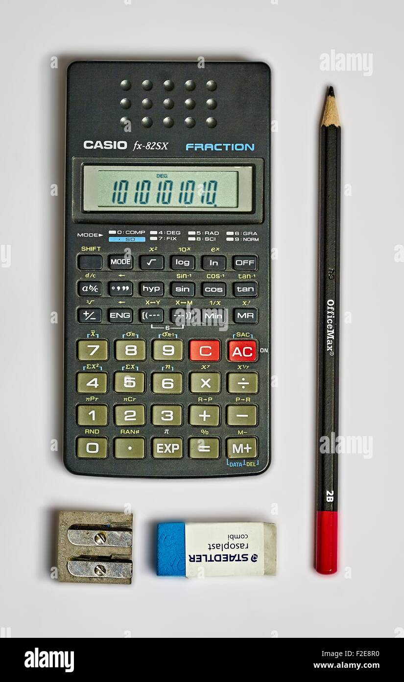 Scientific Calculator as used in High School and Tertiary Education with 2B led pencil eraser and sharpener Stock Photo