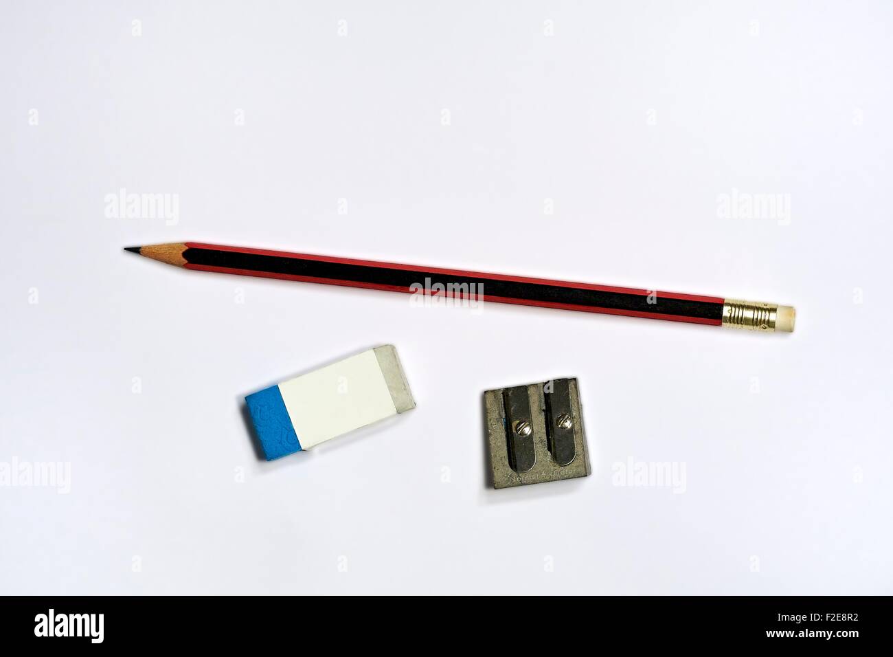 One HB Traditional Pencil with an Eraser and a Pencil Sharpener Stock Photo