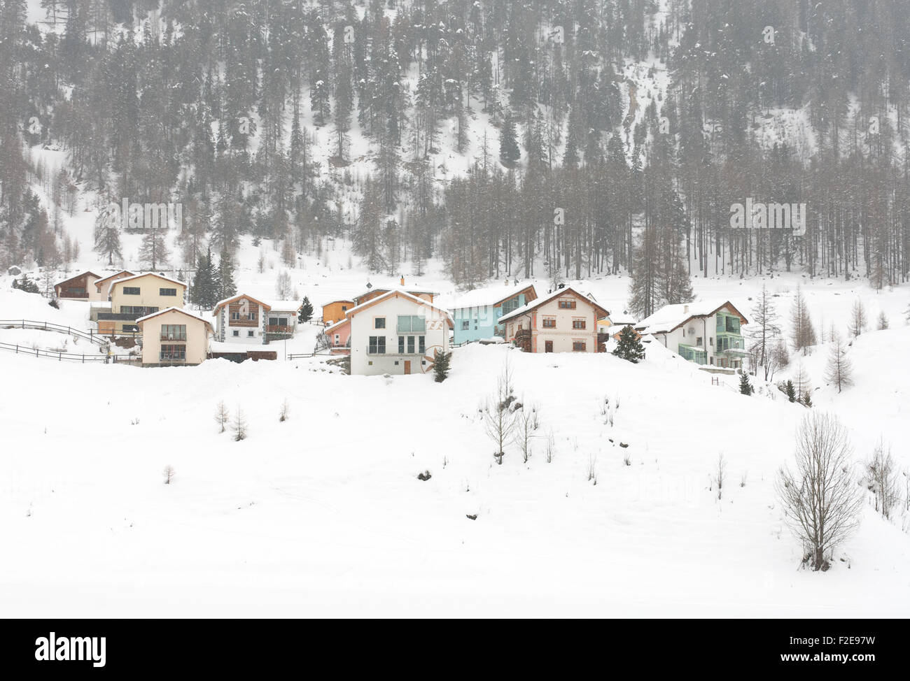 Houses, after a snowstorm, in Northern Italy Stock Photo