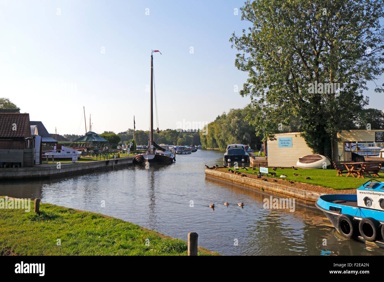 A view of Stalham Staithe on the Norfolk Broads at Stalham, Norfolk, England, United Kingdom