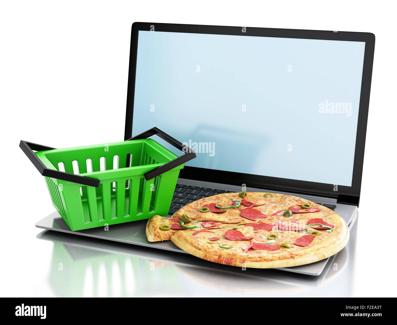 Food Over Computer 3d renderer image. Laptop and food. Online and Internet food delivery ...