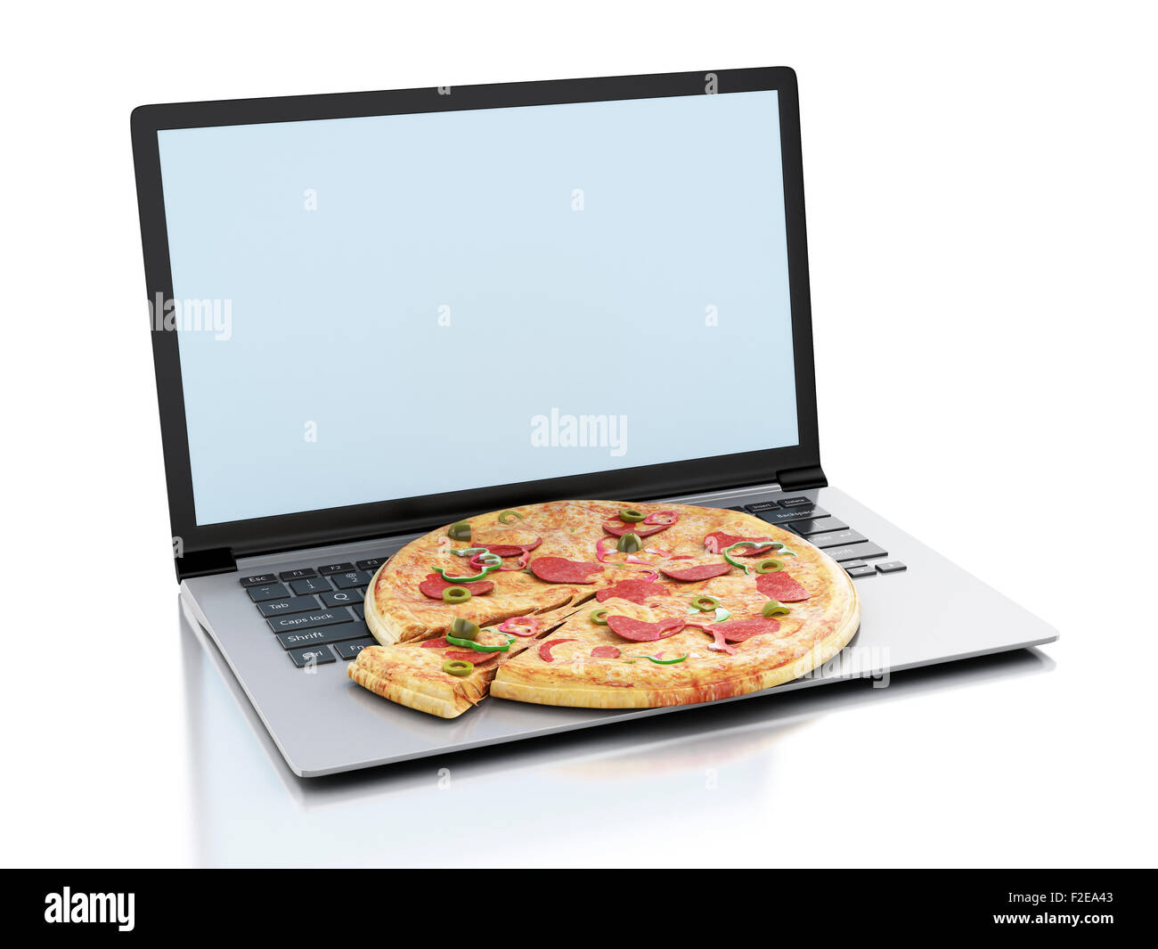 3d renderer image. Laptop and food. Online and Internet food delivery concept on white background Stock Photo