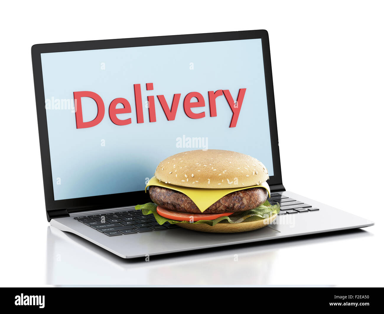 3d renderer image. Laptop and food. Online and Internet food delivery concept on white background Stock Photo