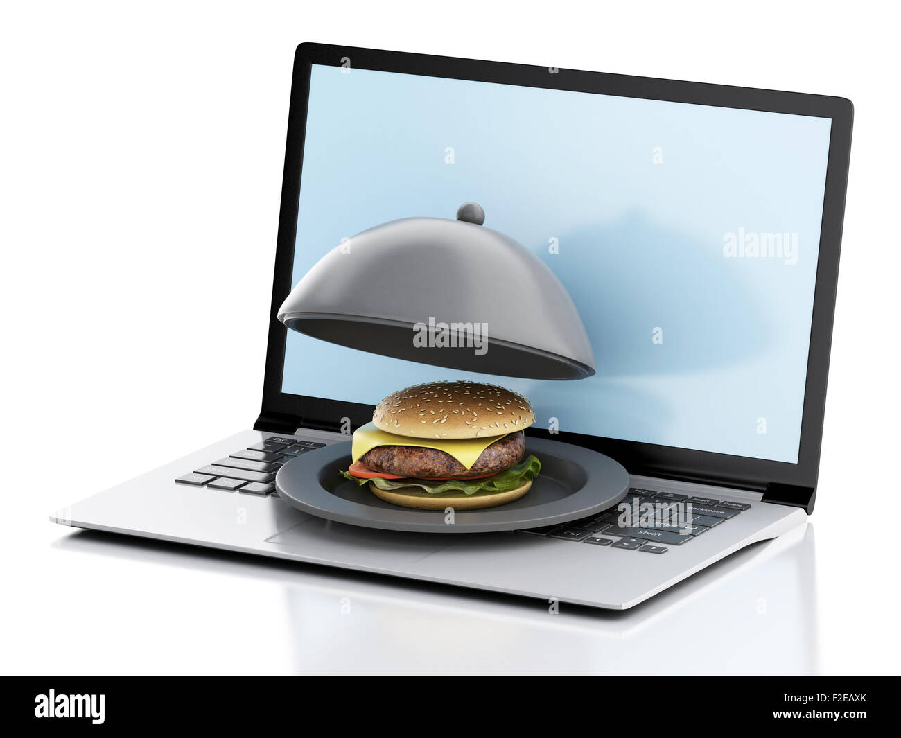 Food Over Computer 3d renderer image. Laptop and food. Online and Internet food delivery ...