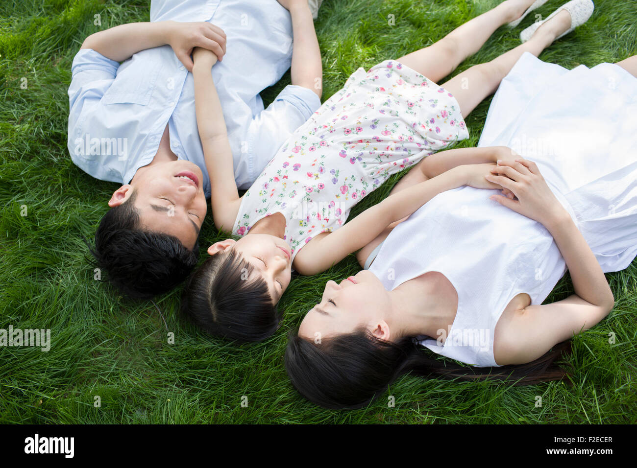Happy young family lying on grass Stock Photo - Alamy