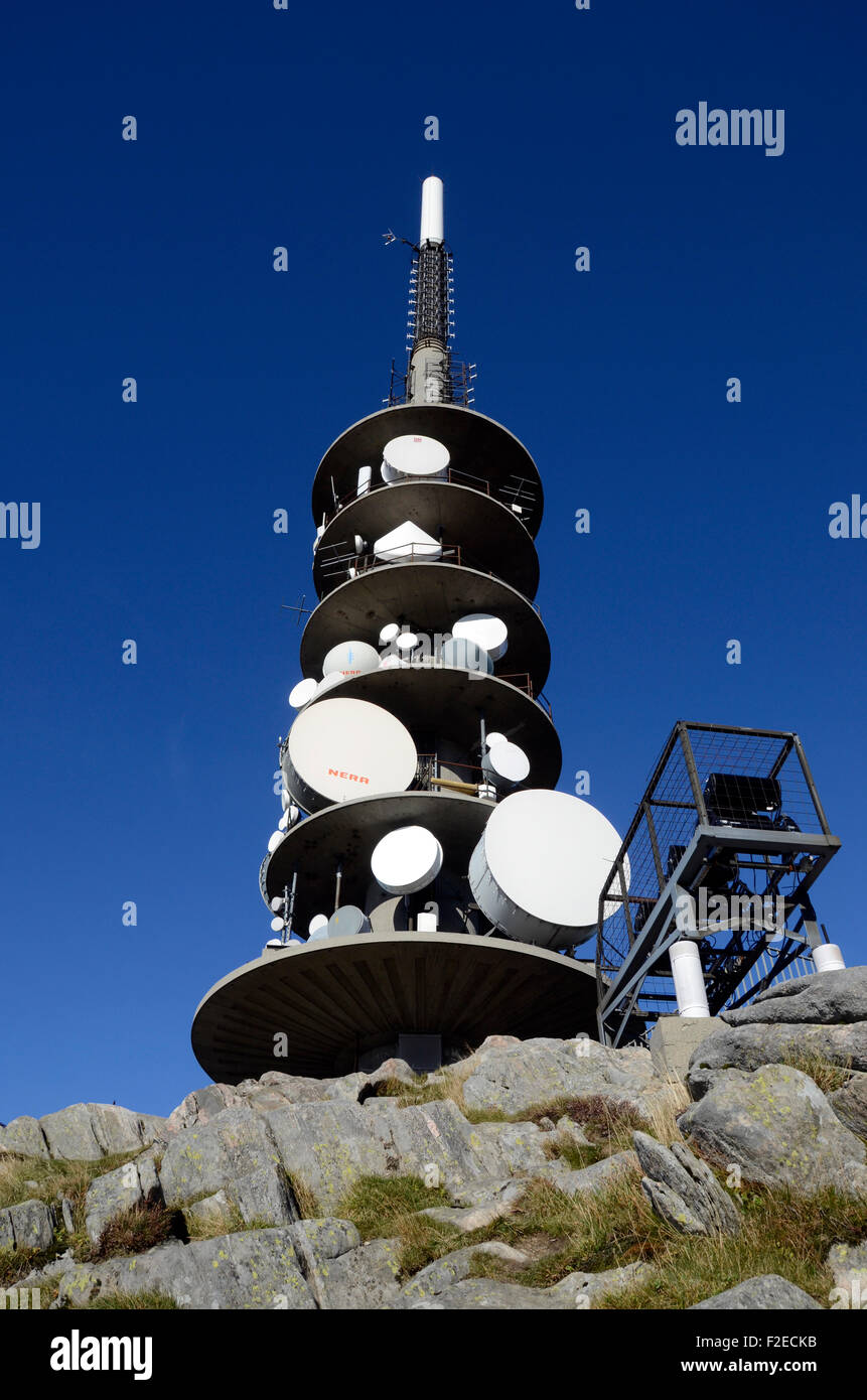 View of the radio communication tower close to the the peak of Ulriken, the  highest of seven mountains surrounding Bergen, Norway Stock Photo - Alamy