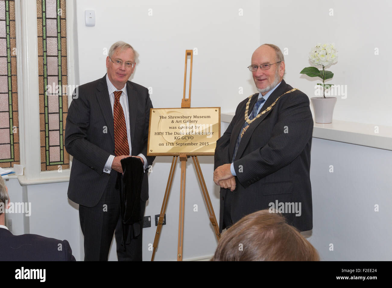 Shrewsbury, Shropshire, UK. 17th September, 2015. The Duke of Gloucester (left) and Cllr Malcolm Pate during the opening ceremony of the town's new Museum and Art Gallery. Credit:  Michael Buddle/Alamy Live News Stock Photo