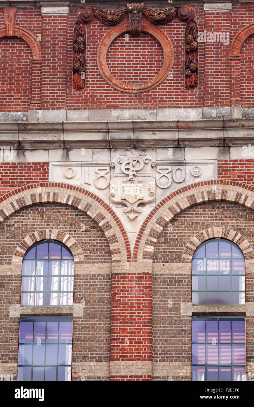 Detail of facade of Eldridge Pope brick building at Brewery Square, Dorchester South, Dorset in June Stock Photo