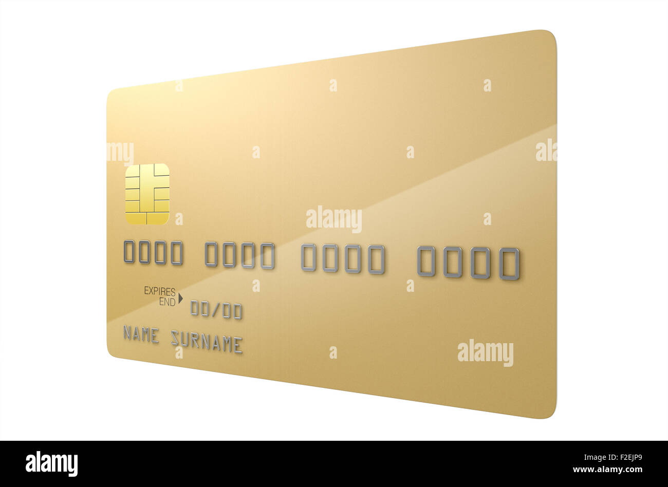 A closeup view of a gold generic blank bank credit card on an isolated white studio background Stock Photo