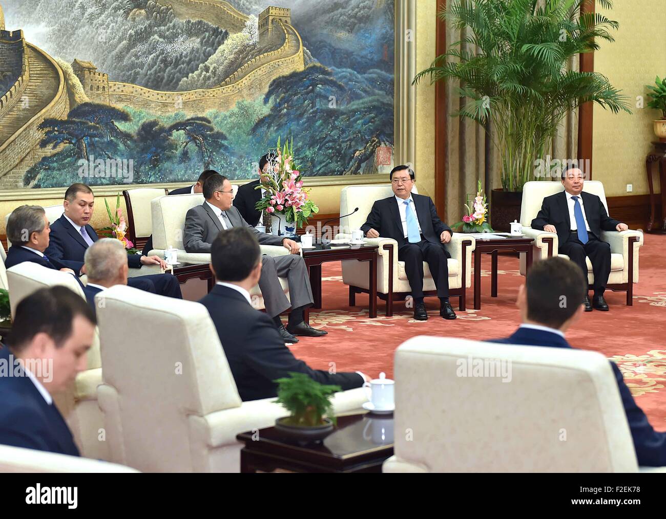 Beijing, China. 17th Sep, 2015. Zhang Dejiang (2nd R), chairman of the Standing Committee of China's National People's Congress (NPC), meets with a delegation from Kazakhstan's ruling Nur Otan Party, which is led by its First Deputy Chairman Askar Myrzakhmetov, at the Great Hall of the People in Beijing, capital of China, Sept. 17, 2015. © Li Tao/Xinhua/Alamy Live News Stock Photo