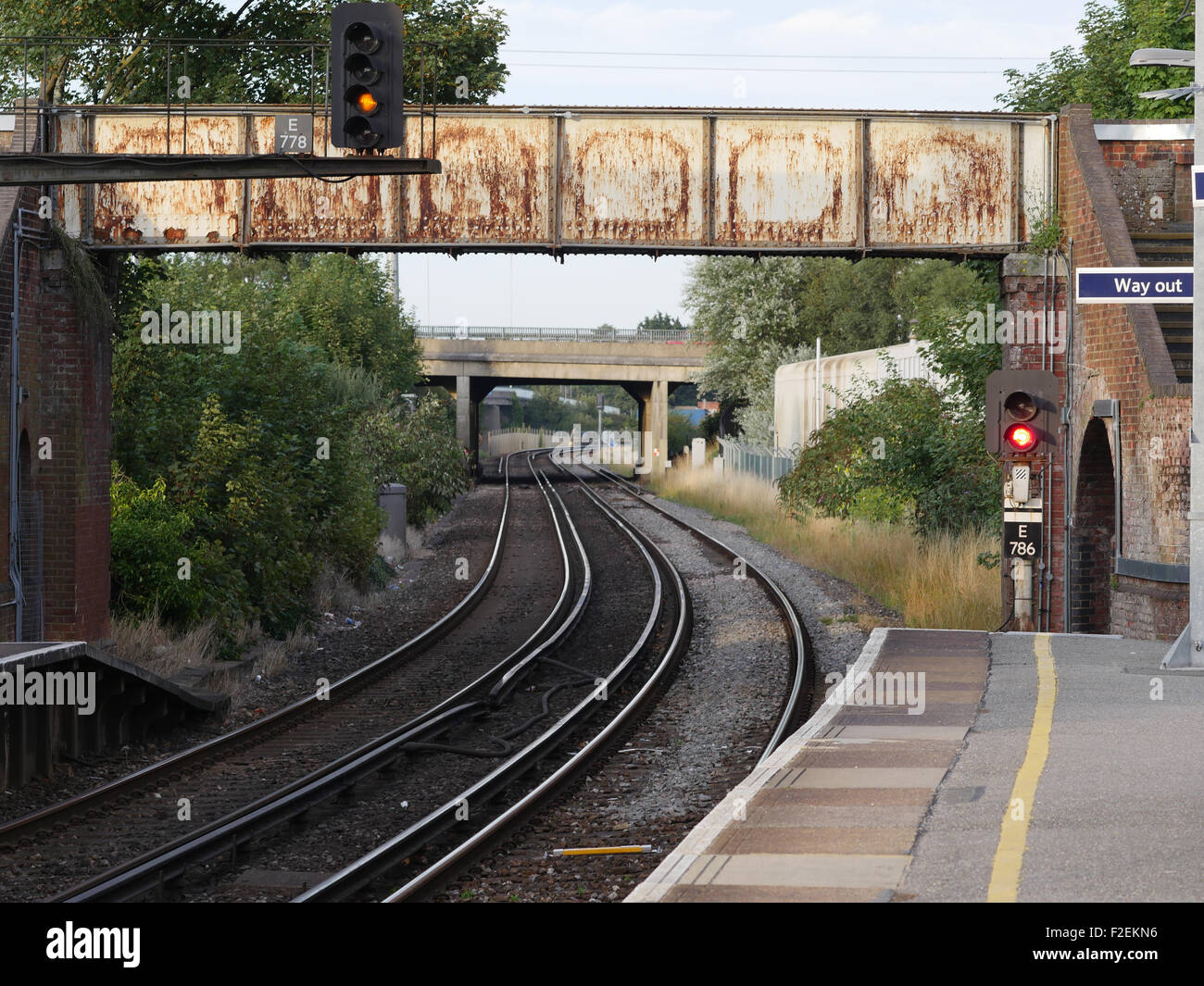 Main line railway leaving Totton towards the Southampton Causeway, Totton, Hampshire, England, Uk. Stock Photo