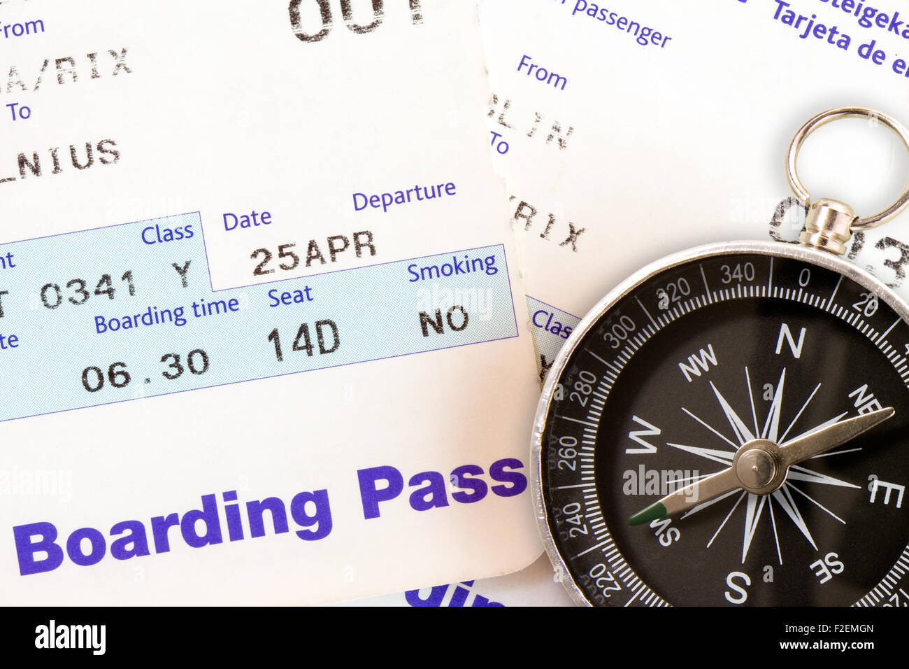 Air travel boarding pass and compass, close-up Stock Photo