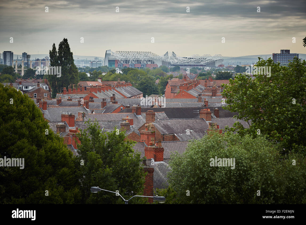 Houses in STRETFORD looking over the rooftops to Manchester's skyline and Old Trafford Stadium