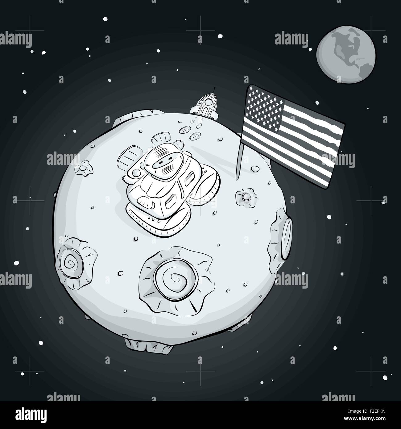 astronaut with flag USA on the moon BW Stock Vector