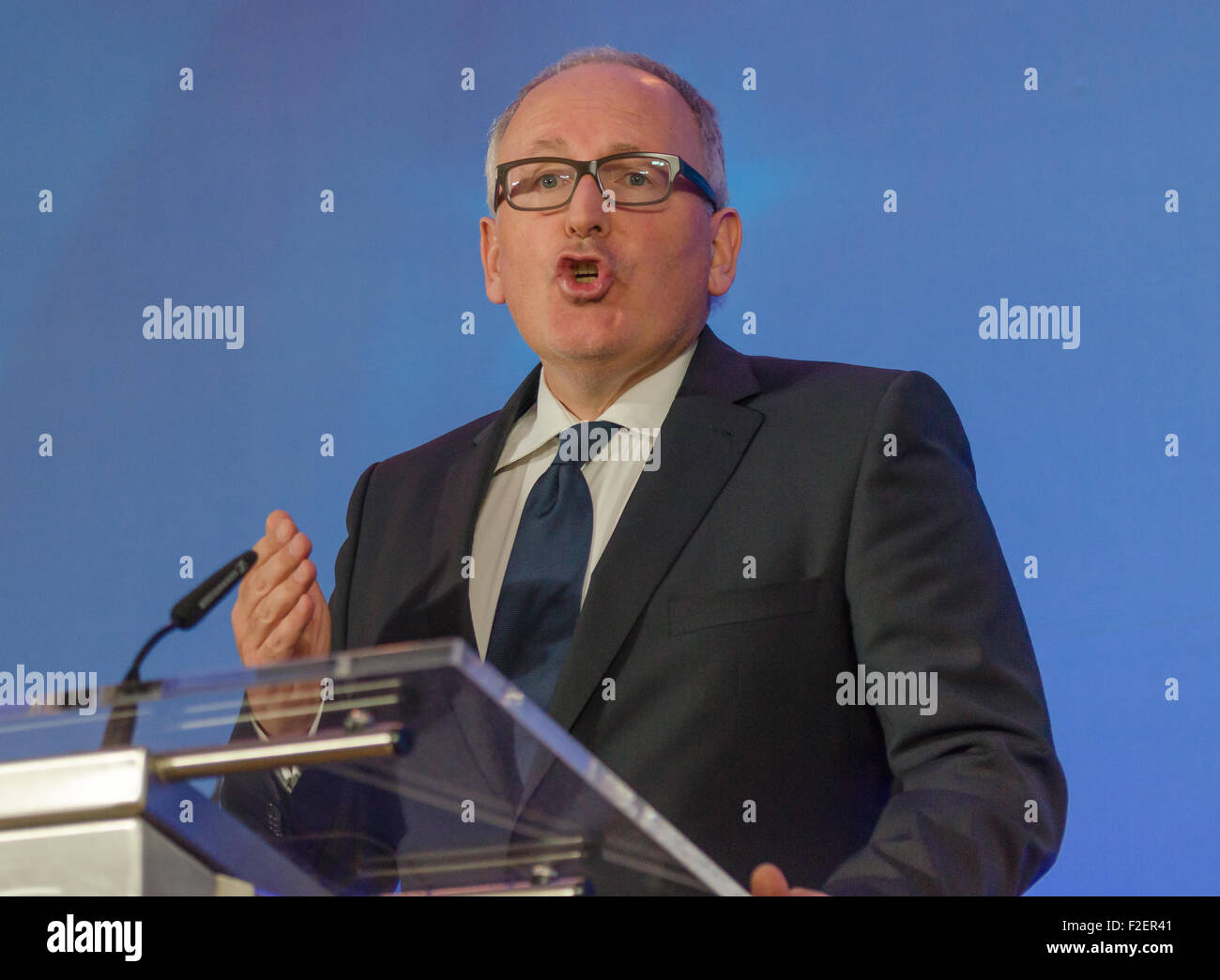 Brussels, Belgium. 14th Sep, 2015. Preliminary remarks by Frans Timmermans, Vice-President of the European Commission in charge of Better Regulation, Interinstitutional Relations, the Rule of Law and the Charter of Fundamental Rights, following the Justice and Home Affairs Council. © Jonathan Raa/Pacific Press/Alamy Live News Stock Photo