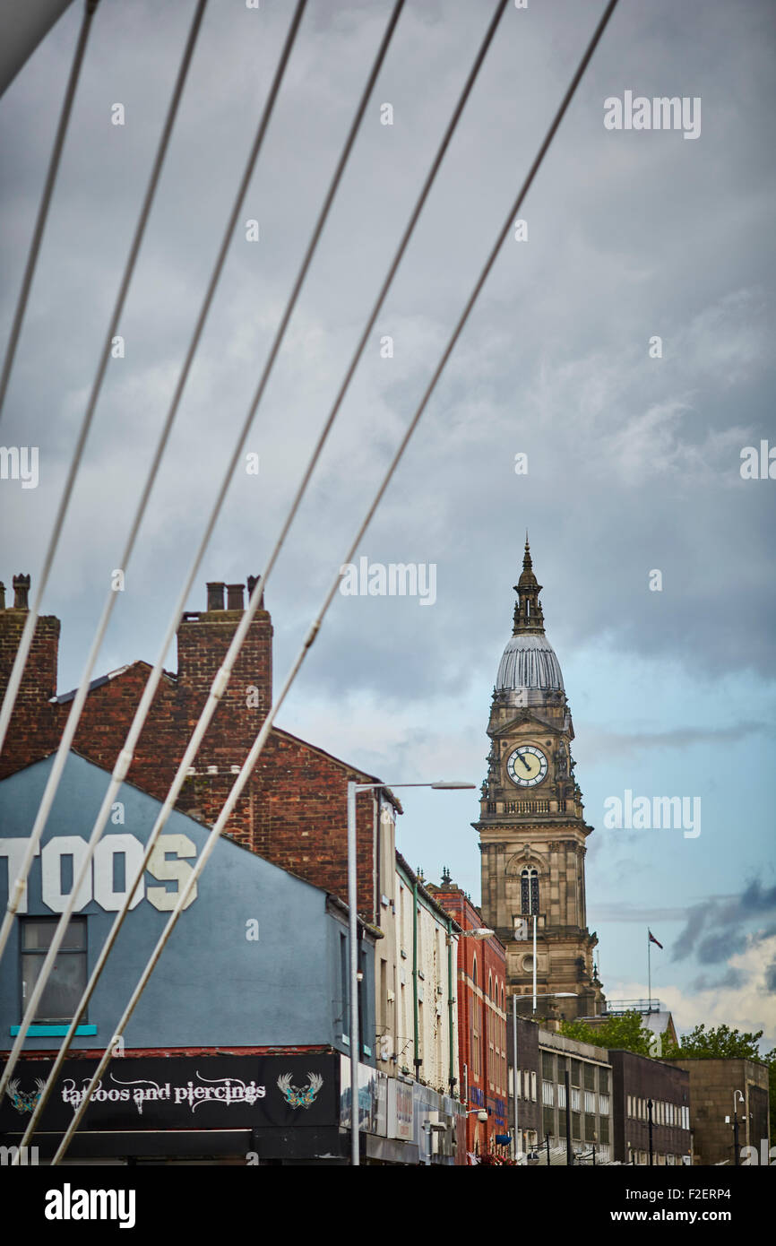 Bolton town hall  in the County of Lancashire framed by Gateway Bridge Arch  copyspace grade 2 two listed building clock tower Stock Photo