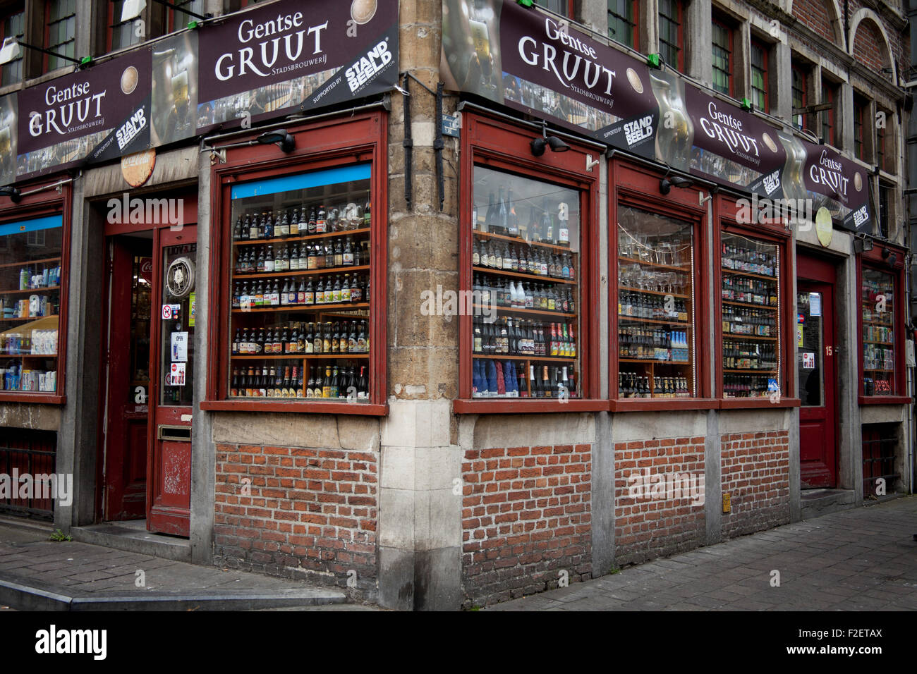 Beer and wine shop selling alcohol Ghent Belgium Europe Stock Photo