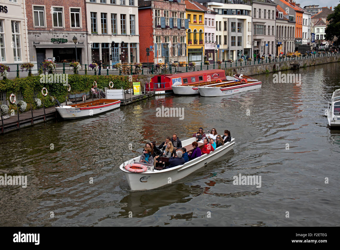 Ghent river canal sightseeing boat Belgium Europe Stock Photo