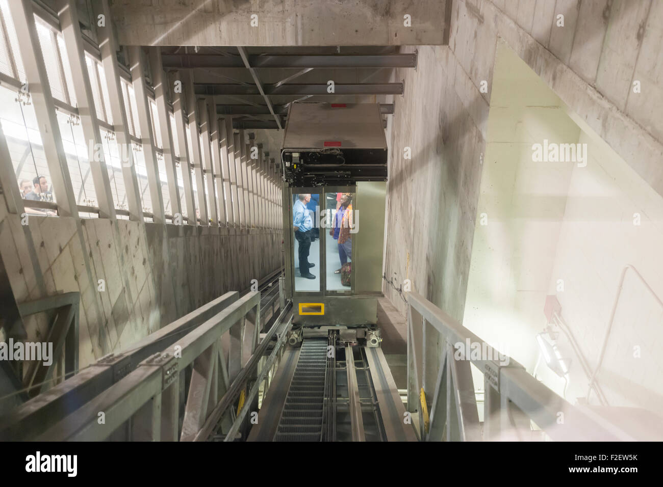Incline elevators at the new new 34th Street-Hudson Yards terminal station on the 7 Subway line extension in New York on its grand opening, Sunday, September 13, 2015.  The new tunnel from Times Square  terminates 108 feet below street level at West 34th Street and Eleventh Avenue at the doorstep of the rezoned 45 block Hudson Yards development. It is the first subway station to open in 26 years and the first line extension in 60 years. (© Richard B. Levine) Stock Photo