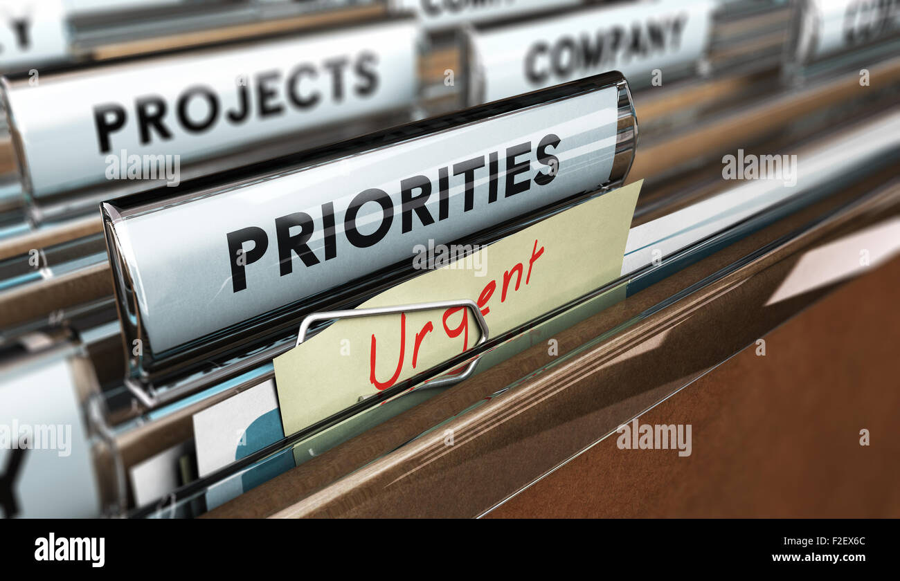Close up on a file tab with the word Priorities with blur effect. Concept image for illustration of setting priorities in projec Stock Photo