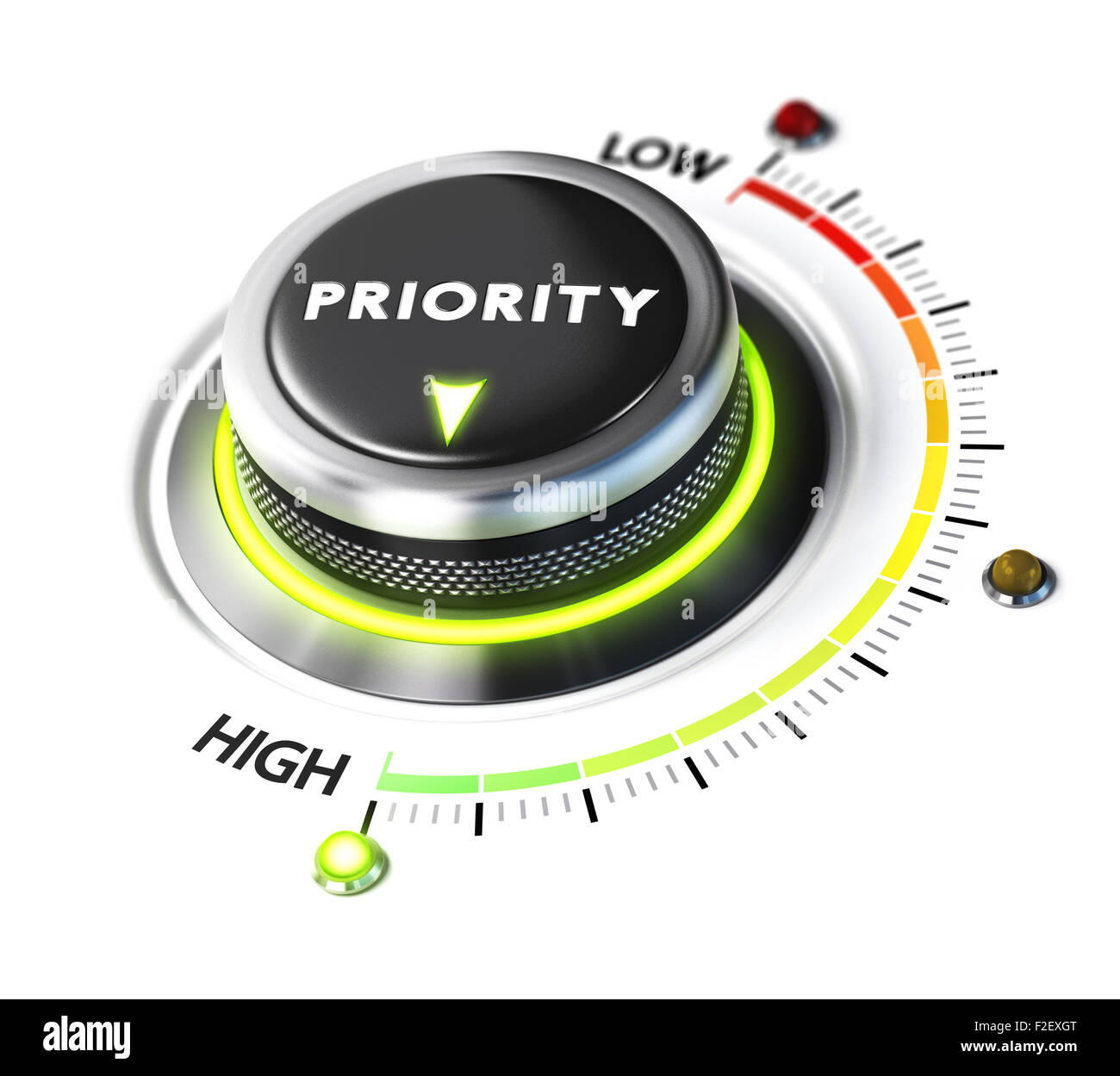 Priority switch button positioned on highest level, white background and green light. Conceptual image for illustration of setti Stock Photo