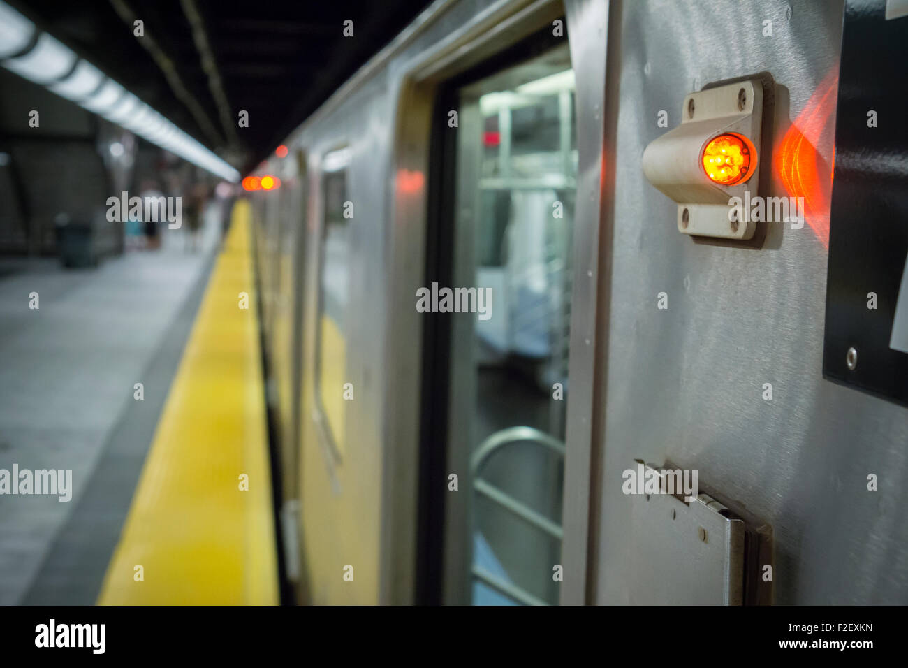 Door indicator light on a train in the 34th Street-Hudson Yards terminal station on the 7 Subway line extension in New York on its grand opening, Sunday, September 13, 2015.  (© Richard B. Levine) Stock Photo