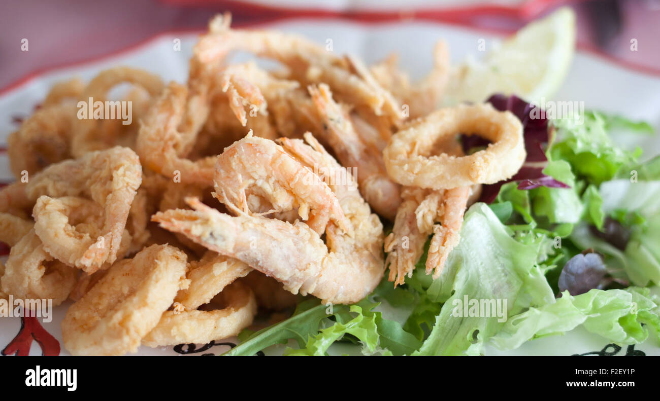 Close up fried shrimp squid Calamari Italian food Stock Photo
