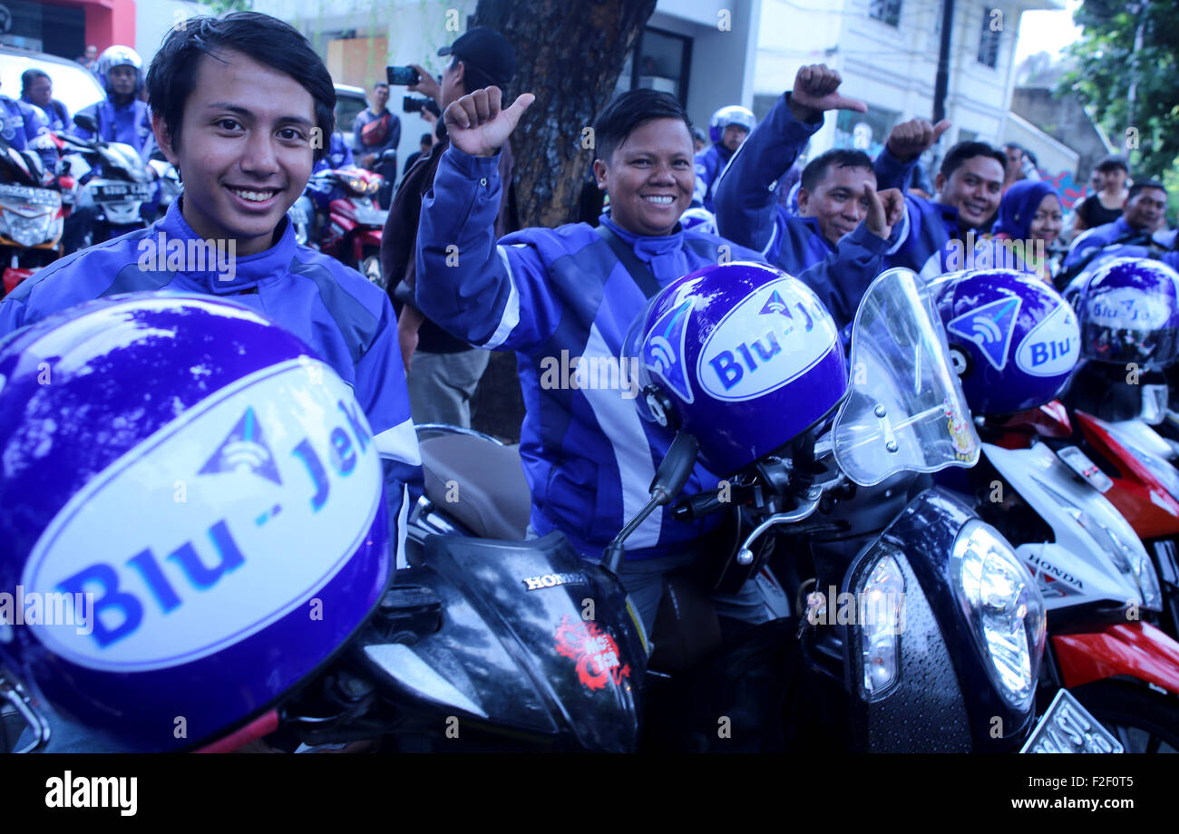 Jakarta, Indonesia. 17th September, 2015. Blu-Jek As present as an alternative means of two-wheeled transportation in Jakarta answer complaints about the highway traffic jams in Jakarta Credit:  Denny Pohan/Alamy Live News Stock Photo