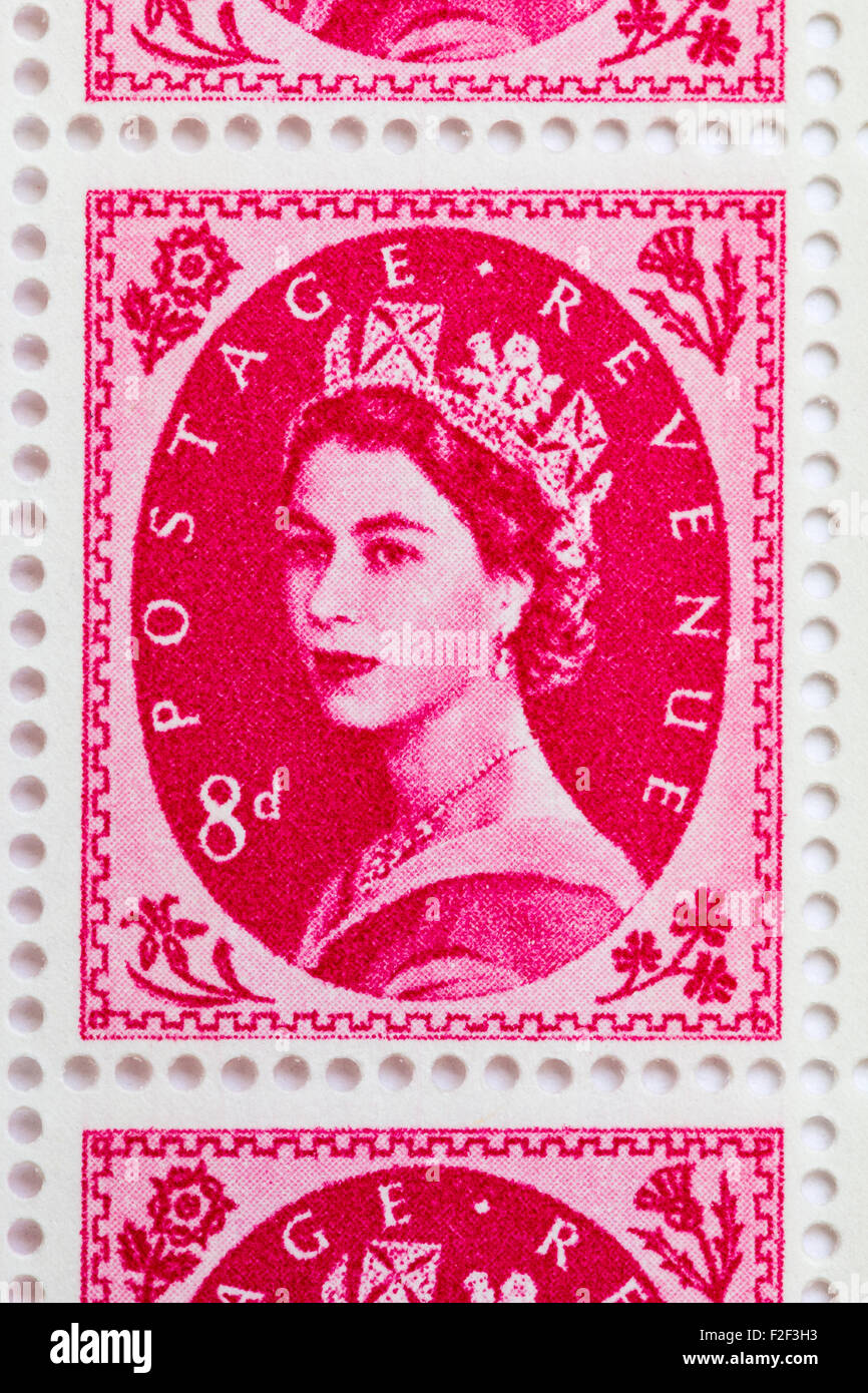 Sheet of 1950's British Royal Mail 8d pink magenta postage stamps from