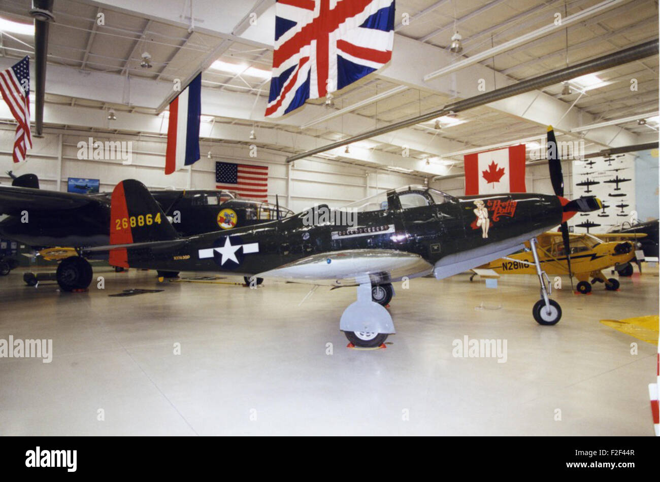 The Bell P-63A-1BE Kingcobra, serial number 42-68864 (NX163BP), 'Pretty Polly,' was a World War II American fighter aircraft used by the U.S. Army Air Force. The aircraft was known for its distinctive nose-mounted engine and was used primarily for ground-attack and fighter-bomber roles. Stock Photo