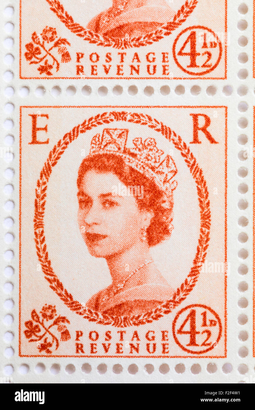 Sheet of 1950's British Royal Mail 4½d pale orange postage stamps from