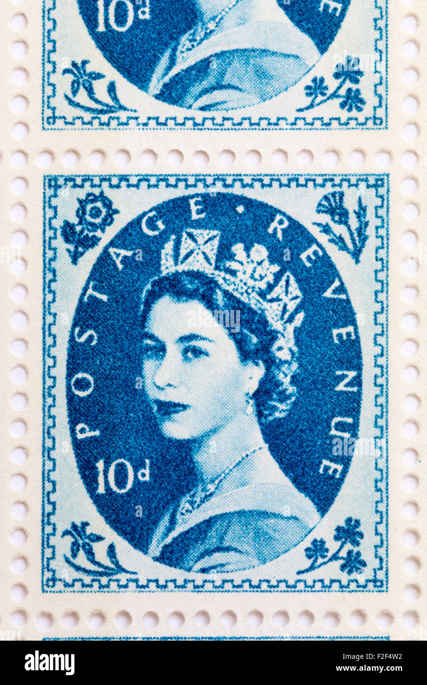 Sheet of 1950's British Royal Mail 10d blue postage stamps from the