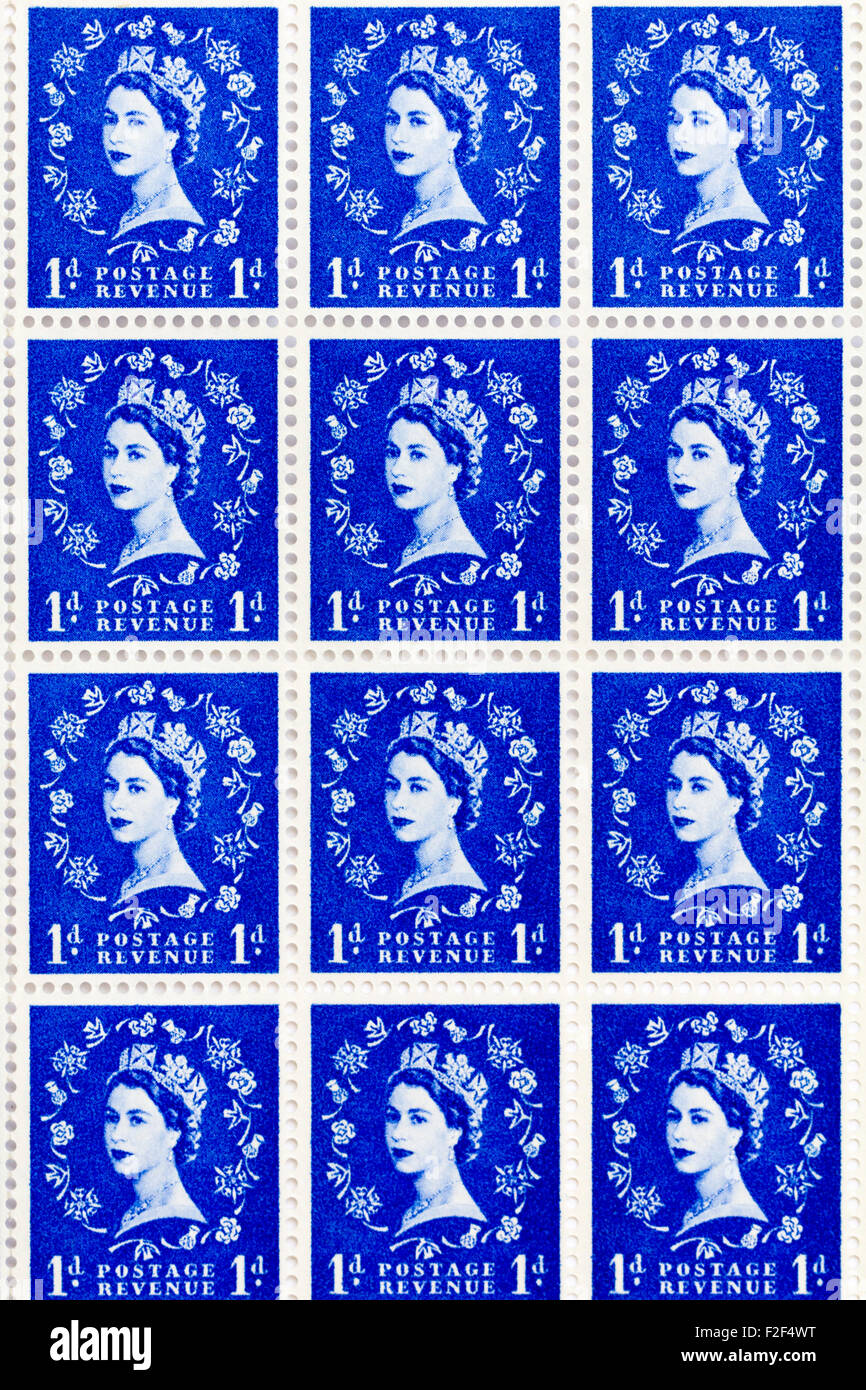 Sheet of 1950's British Royal Mail 1d blue postage stamps from the Wildings definitive issue
