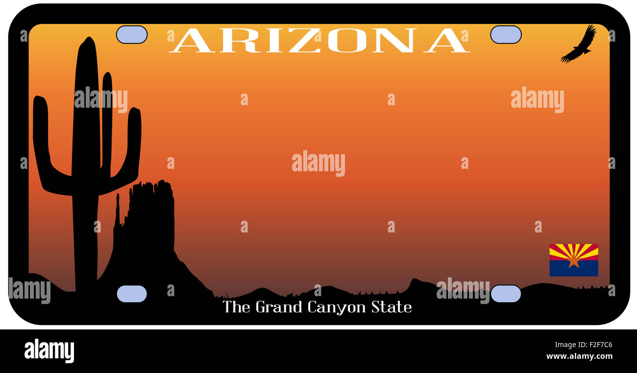 Arizona state license plate with flag and desert icons over a white background Stock Photo Alamy