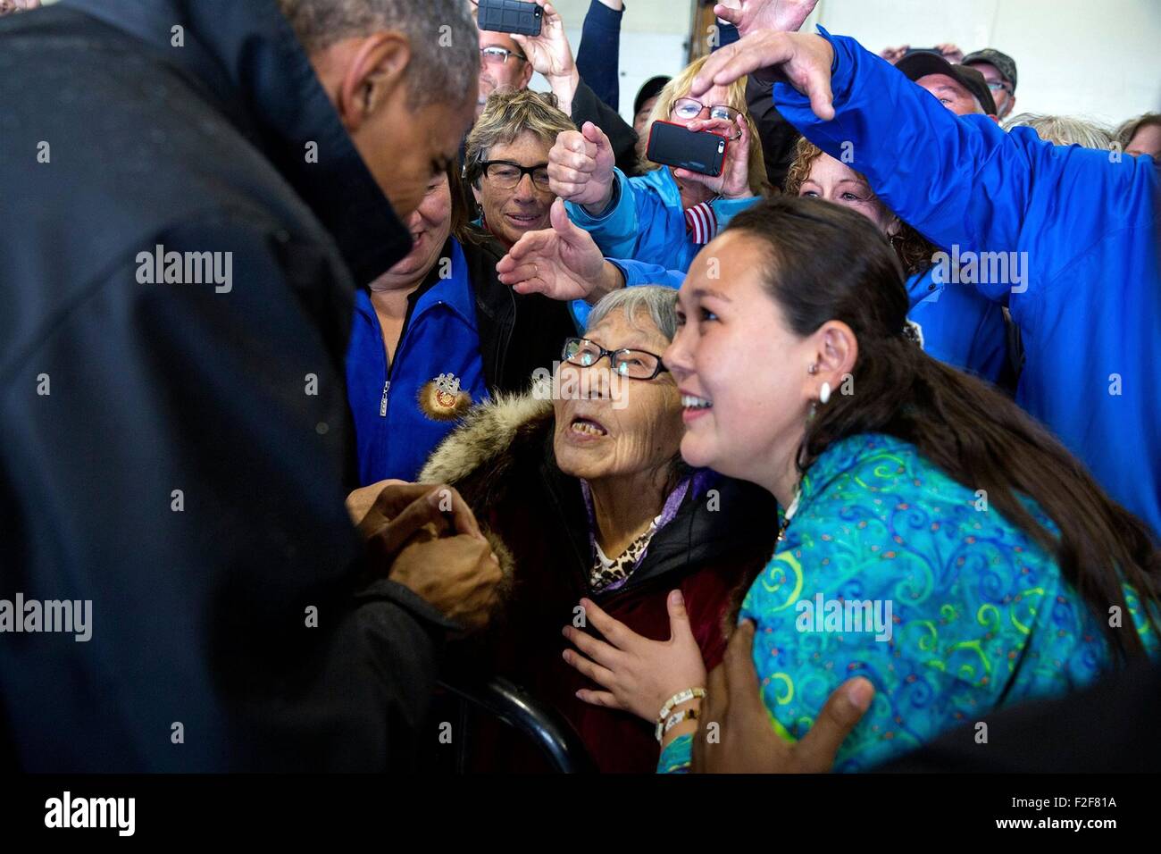 U.S. President Barack Obama greets supporters gathered at the Dillingham Airport September 2, 2015 in Dillingham, Alaska. Stock Photo