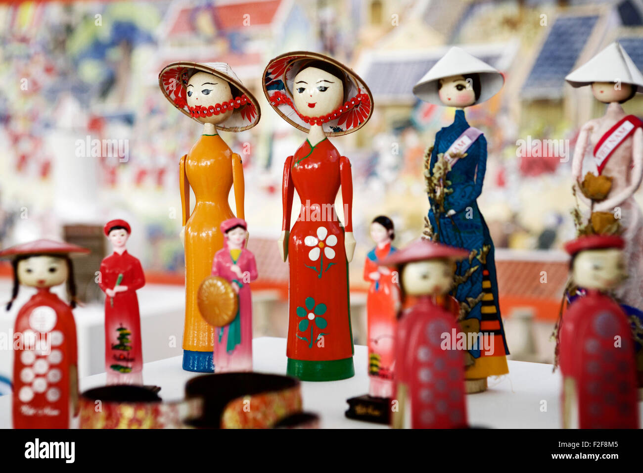 Vietnam: Vietnamese wooden dolls. Asia, Asian travel, Asian culture, Asia tourism. Stock Photo