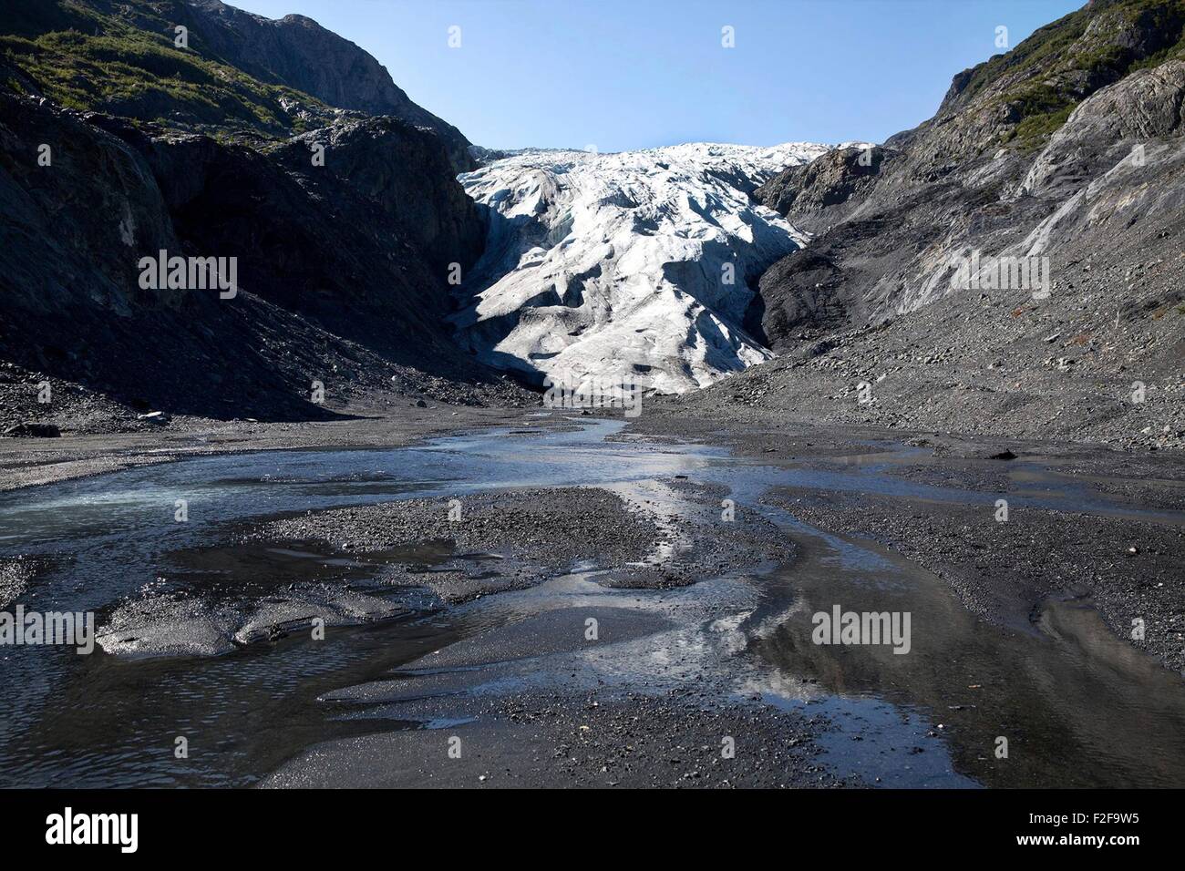 The Exit Glacier receding due to melt from climate change at the Kenai Fjords National Park September 1, 2015 in Seward, Alaska. Stock Photo