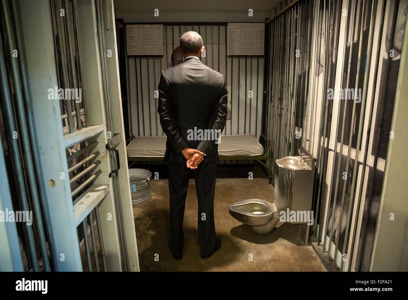 U.S. President Barack Obama views a replica jail cell used to lock up civil rights marchers at the Selma Museum during the 50th Anniversary of the Selma to Montgomery civil rights marches March 7, 2015 in Selma, Alabama. Stock Photo