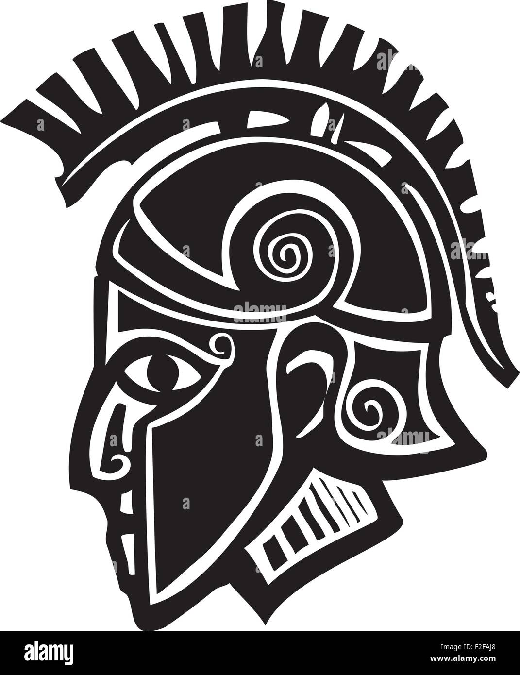 Woodcut style classical spartan Grecian soldier in a bronze helmet Stock Vector