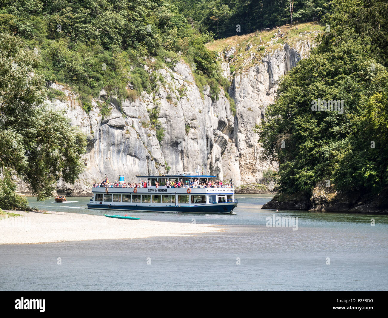 Sightseeing boat river Danube, from Kehlheim to monastery Weltenburg, passing Danube breakthrough Stock Photo