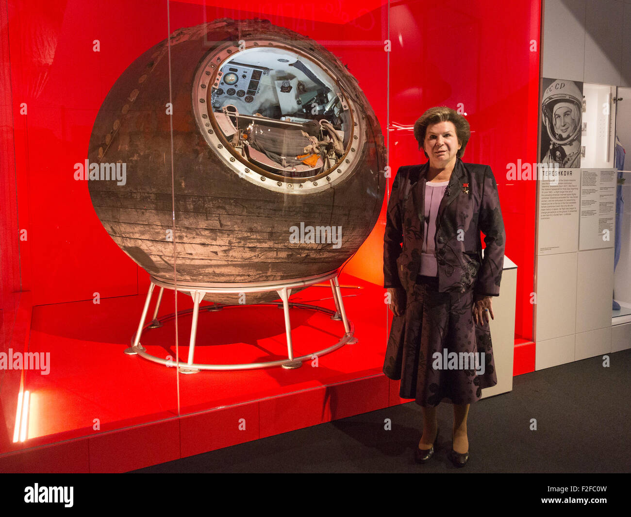 London, UK. 17/09/2015. Valentina Tereshkova opens the exhibition and is reunited with Vostok-6, the actual spacecraft that took her into space. The exhibition Cosmonauts - Birth of the Space Age opens at the Science Museum on 18 September 2015 and runs until 13 March 2016. Stock Photo