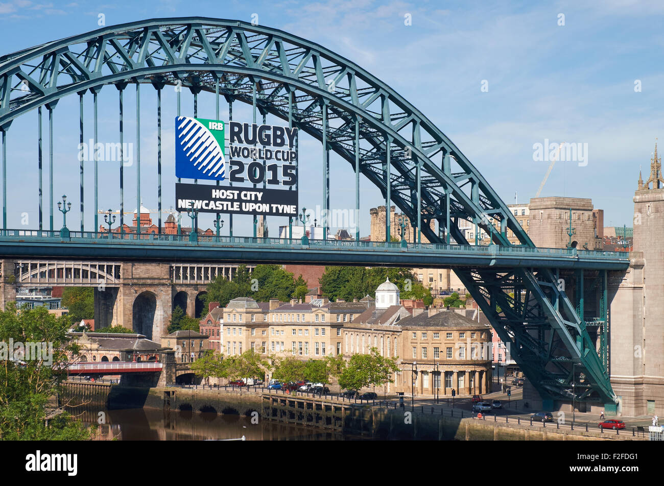 Rugby World Cup 2015 hosts sign on the Tyne Bridge, Newcastle Upon Tyne, UK. Stock Photo