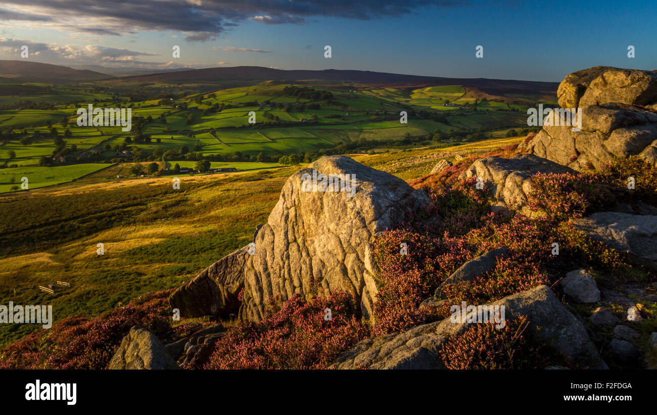 The golden hour of the evening sun from the gritstone rocks on Beamsley Beacon, North Yorkshire Stock Photo