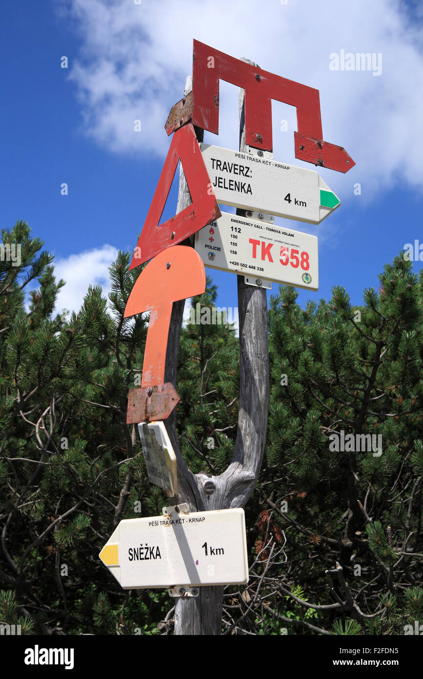 signpost for hiker at Karkonosze snezka Schneekoppe mountain czech republic europe Stock Photo