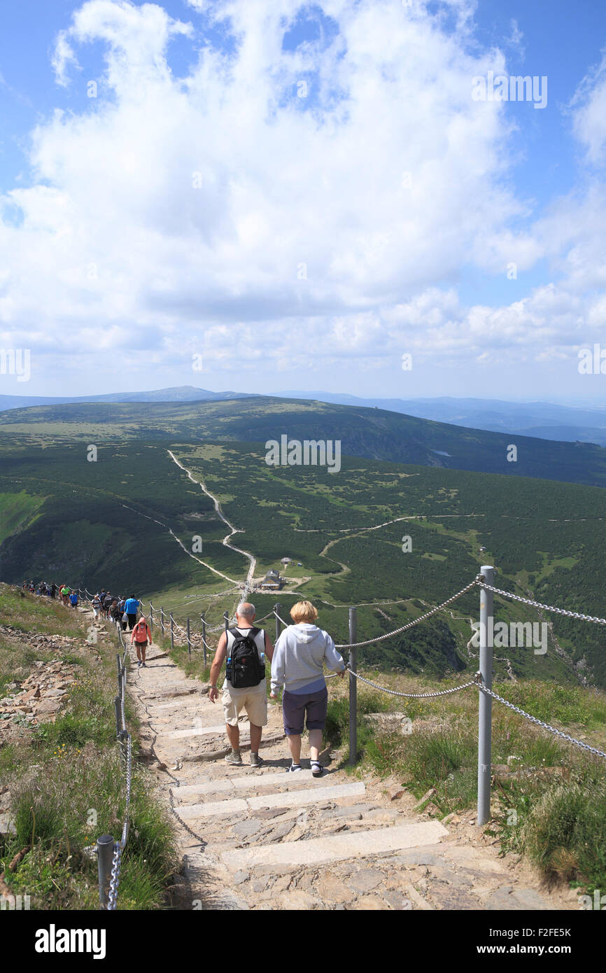 hiker and tourists at Karkonosze snezka Schneekoppe mountain poland lower silesia europe Stock Photo