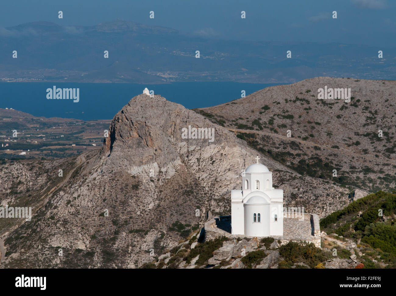 Hilltop chapels on Greek island of Naxos, Cyclades Stock Photo