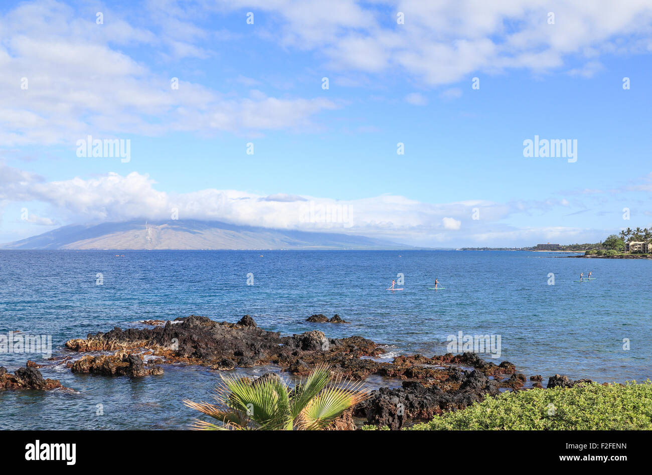 Stand up paddle boarders explore sea off of Wailea Beach on Maui, as seen from the beach walk in Wailea Stock Photo