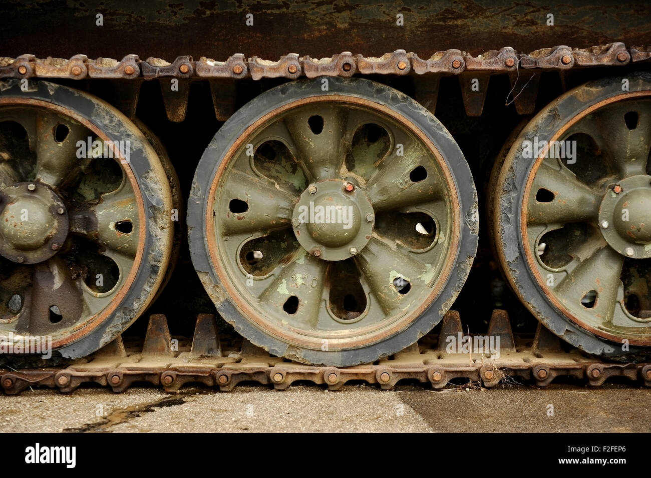 Detail shot with old tank tracks and wheels Stock Photo