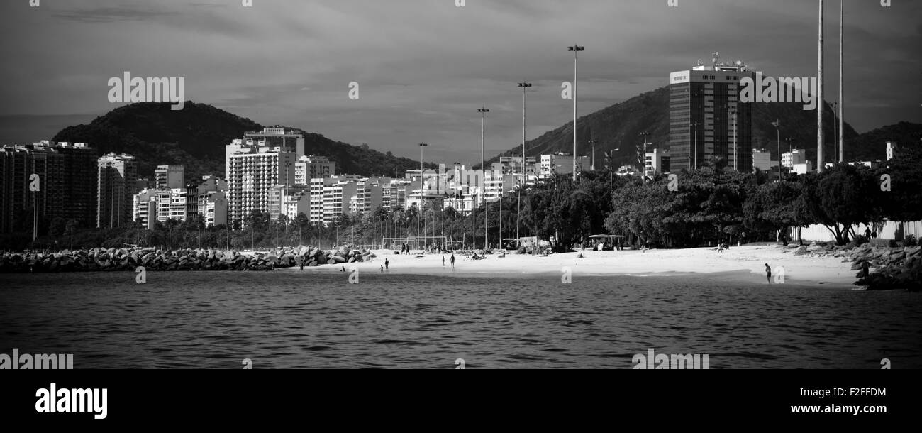 Landscape of Rio de Janeiro as seen from a boat on Baia de Guanabara, Brazil Stock Photo