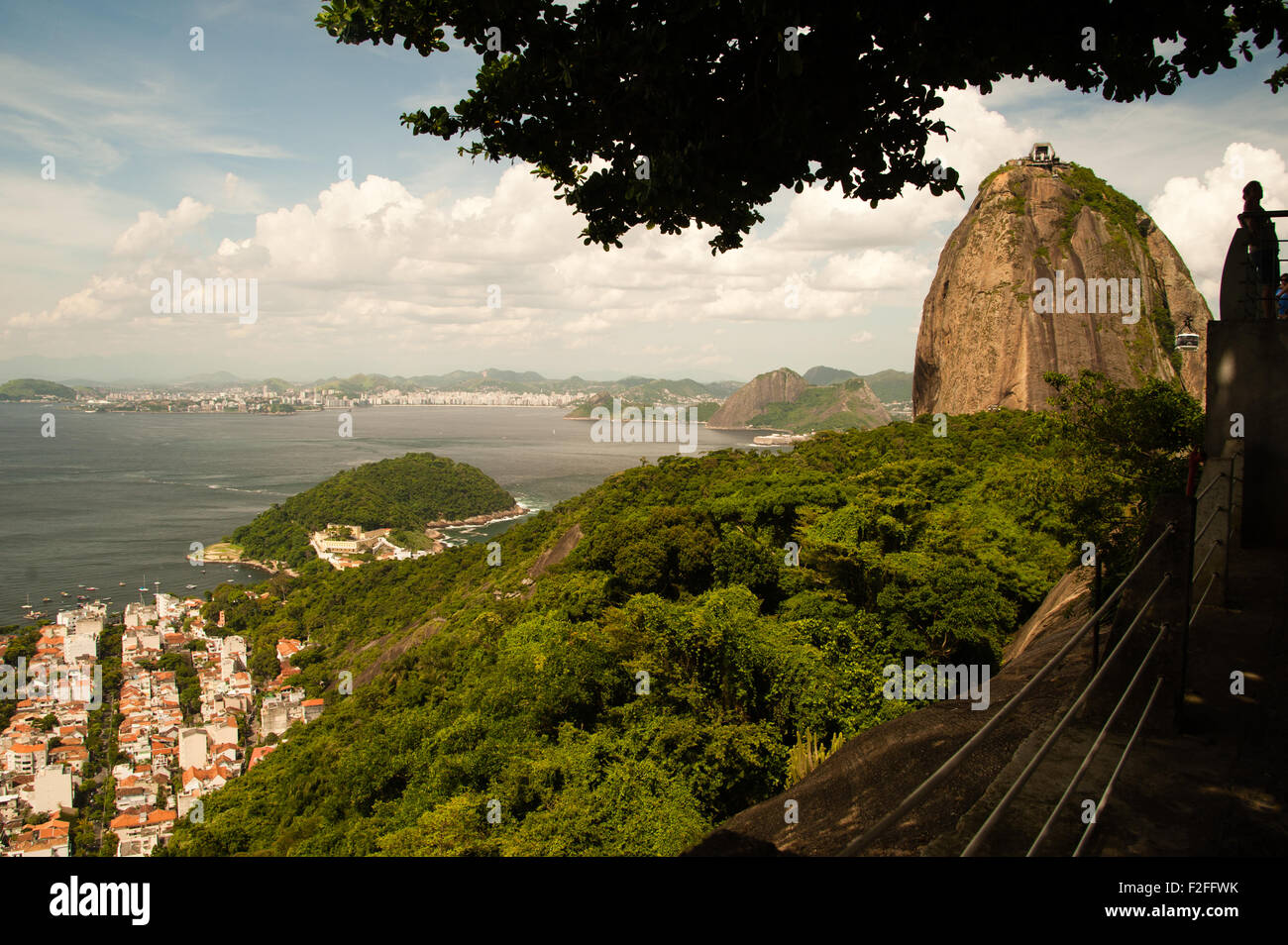 Scenic view of Sugar Loaf mountain with coastline of Rio de Janeiro city in background, Brazil. Stock Photo